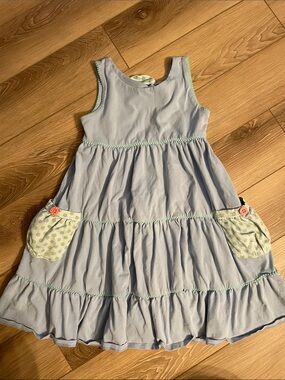 Matilda Jane Girl’s 8 Light Blue Tiered Dress with Green Polka-Dot Pockets